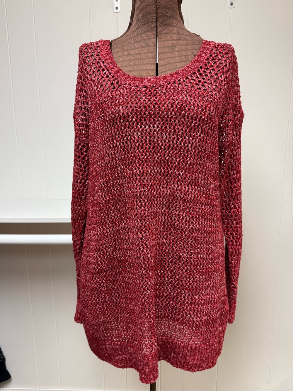 Lucky Brand Open-Knit Sweater Lace-Up Detail Cranberry Red Size Large